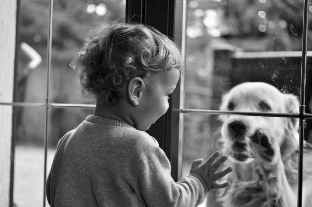 Bambino che sorride guardando il cane dalla finestra in bianco e nero, simbolo di elaborazione del lutto e ricordo positivo.